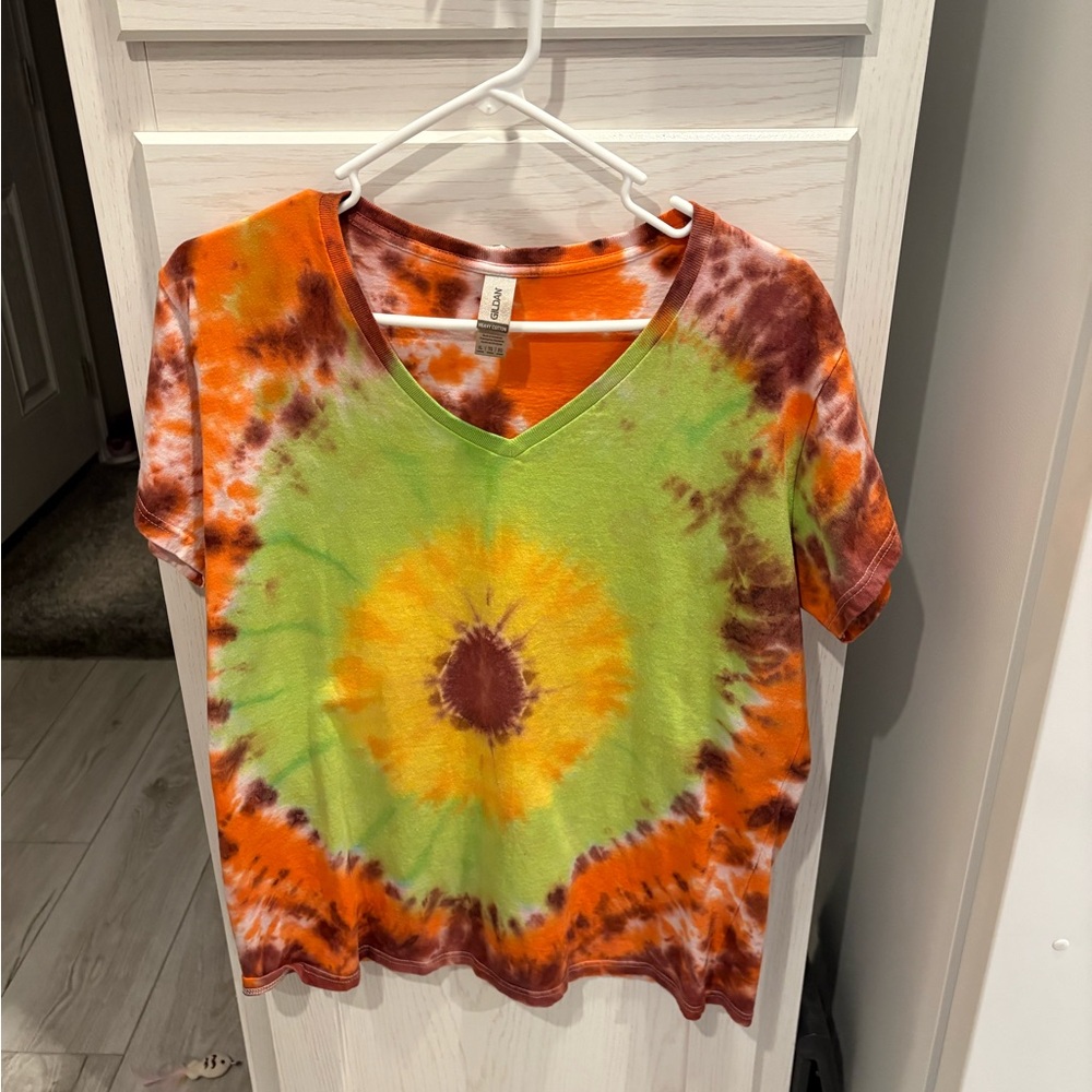 Gildan Tie-Dye V-Neck Tee - Sunflower Orange, Green, and Brown